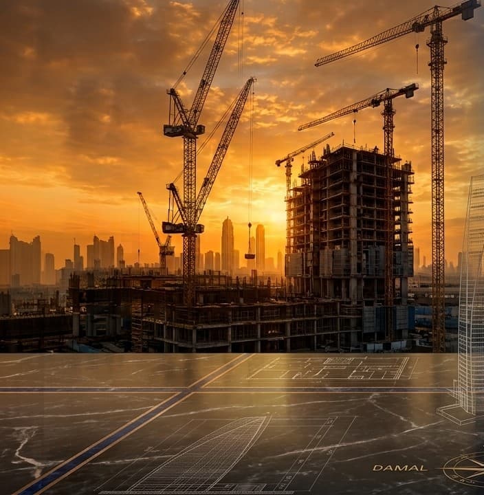 موقع بناء عند الغروب مع رافعات